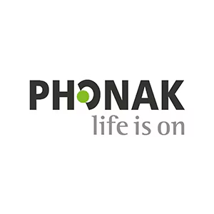 Phonak logo with dark gray text and a green dot, tagline