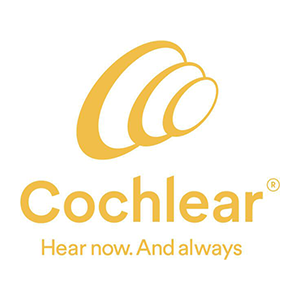 Logo for Cochlear, a hearing implant company. Yellow stylized cochlea shape above the company name and tagline.