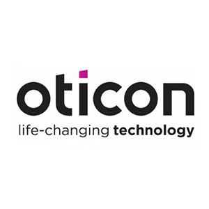 Oticon logo: Black text with a pink square above the 