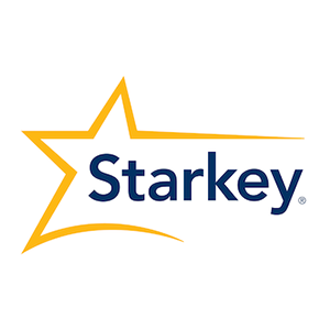 Logo for Starkey, featuring a yellow star and the blue word