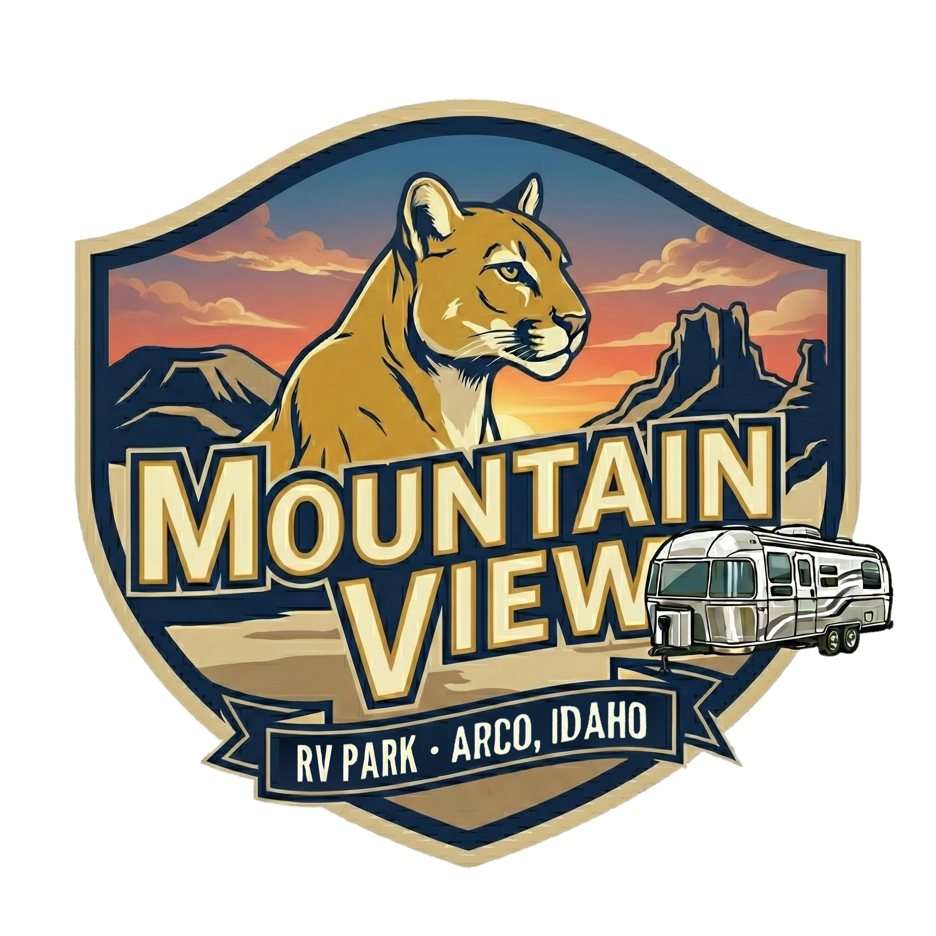 Mountain View RV Park and Restaurant logo featuring a cougar, mountains, RV, and sunset in Arco, Idaho.