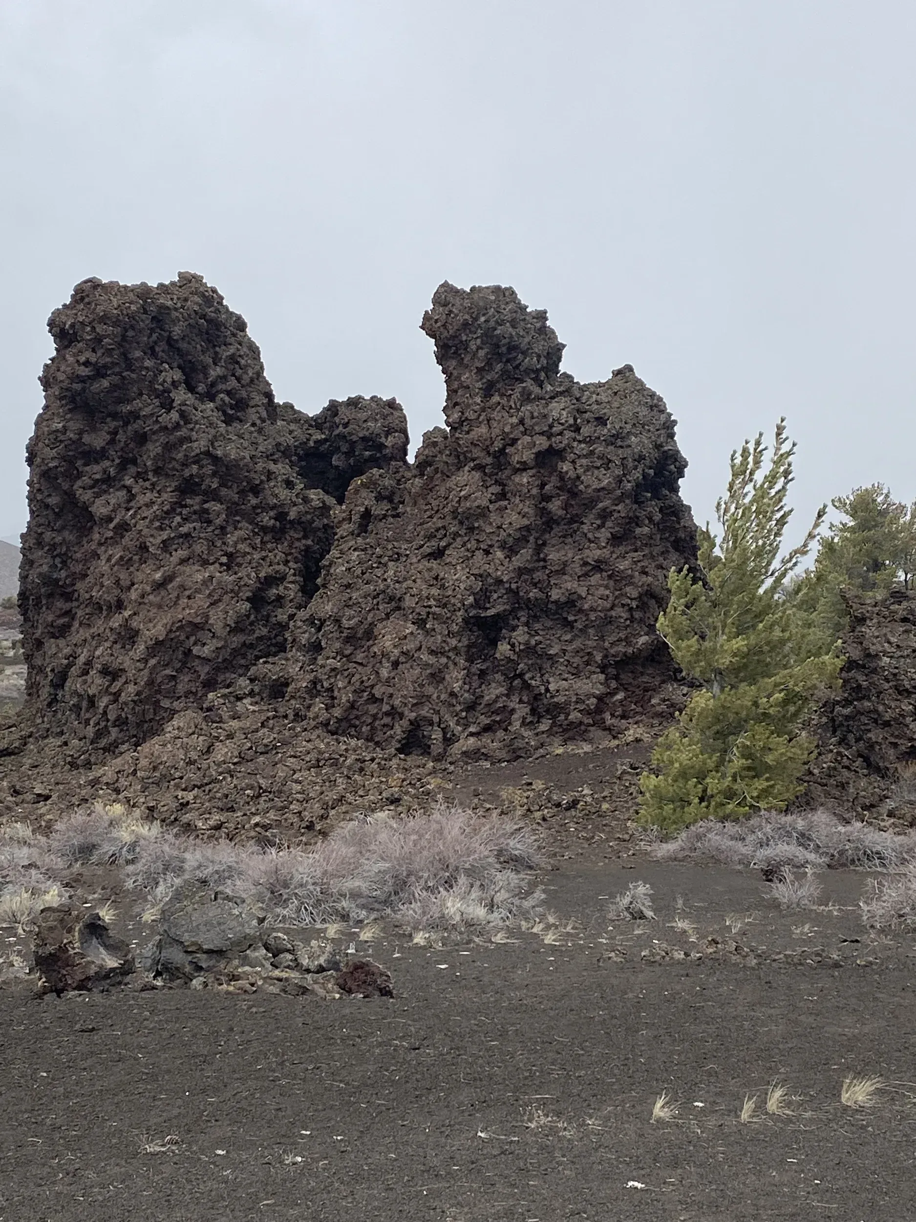 Dark, jagged lava rock formation in a barren landscape, with sparse vegetation and a cloudy sky.