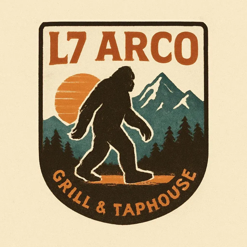 Logo for L7 Arco Grill & Taphouse: Bigfoot silhouette walking past mountains and sun.