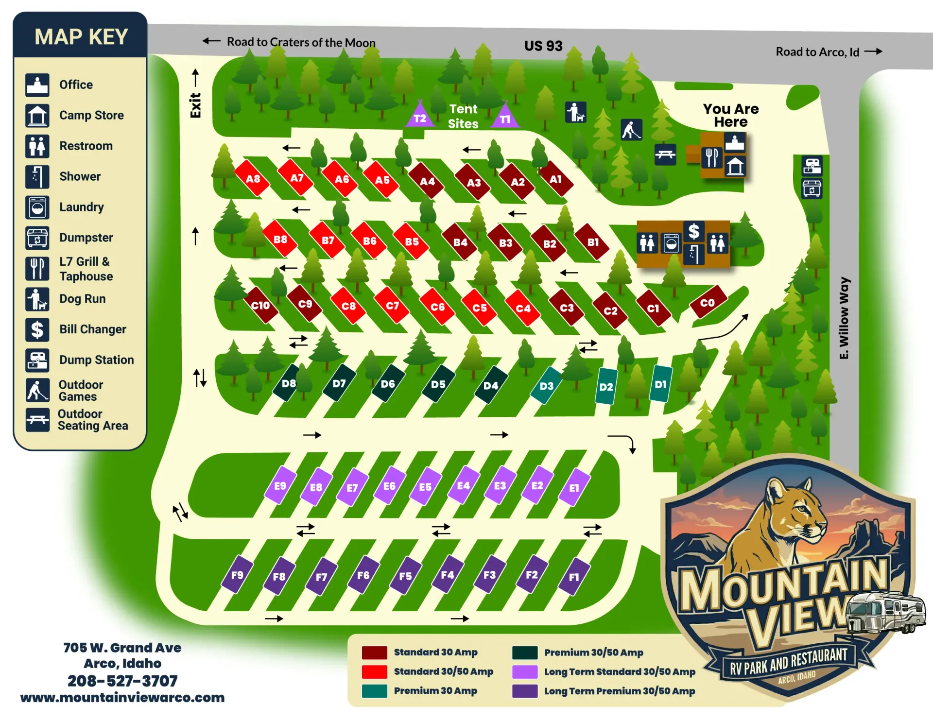 Mountain View RV Park map showing campsites, amenities, and roads.