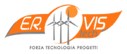 Logo ER VIS Tech in arancione e grigio con turbine eoliche e lo slogan “Forza tecnologia progetti”
