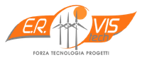 Logo ER VIS Tech in arancione e grigio con turbine eoliche e lo slogan “Forza tecnologia progetti”