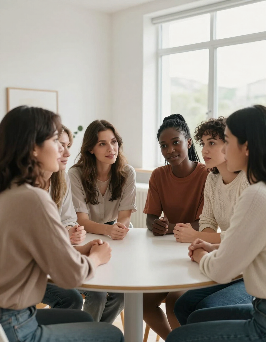A small warm group of diverse women gathered together in conversation