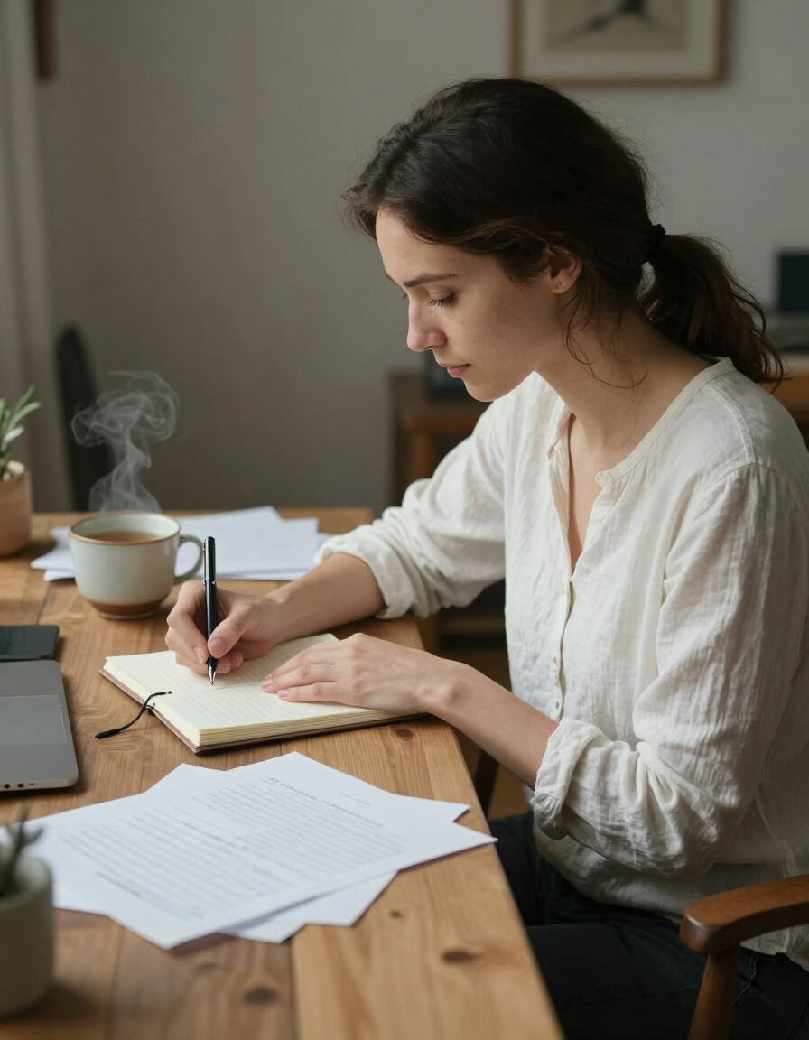 A woman writing and journaling in a warm softly lit home environment