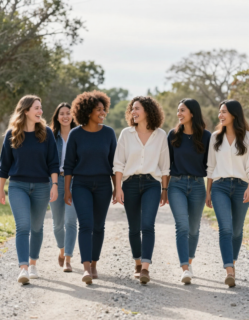 Five women walking together outdoors on a gravel path, smiling and wearing jeans and casual tops.