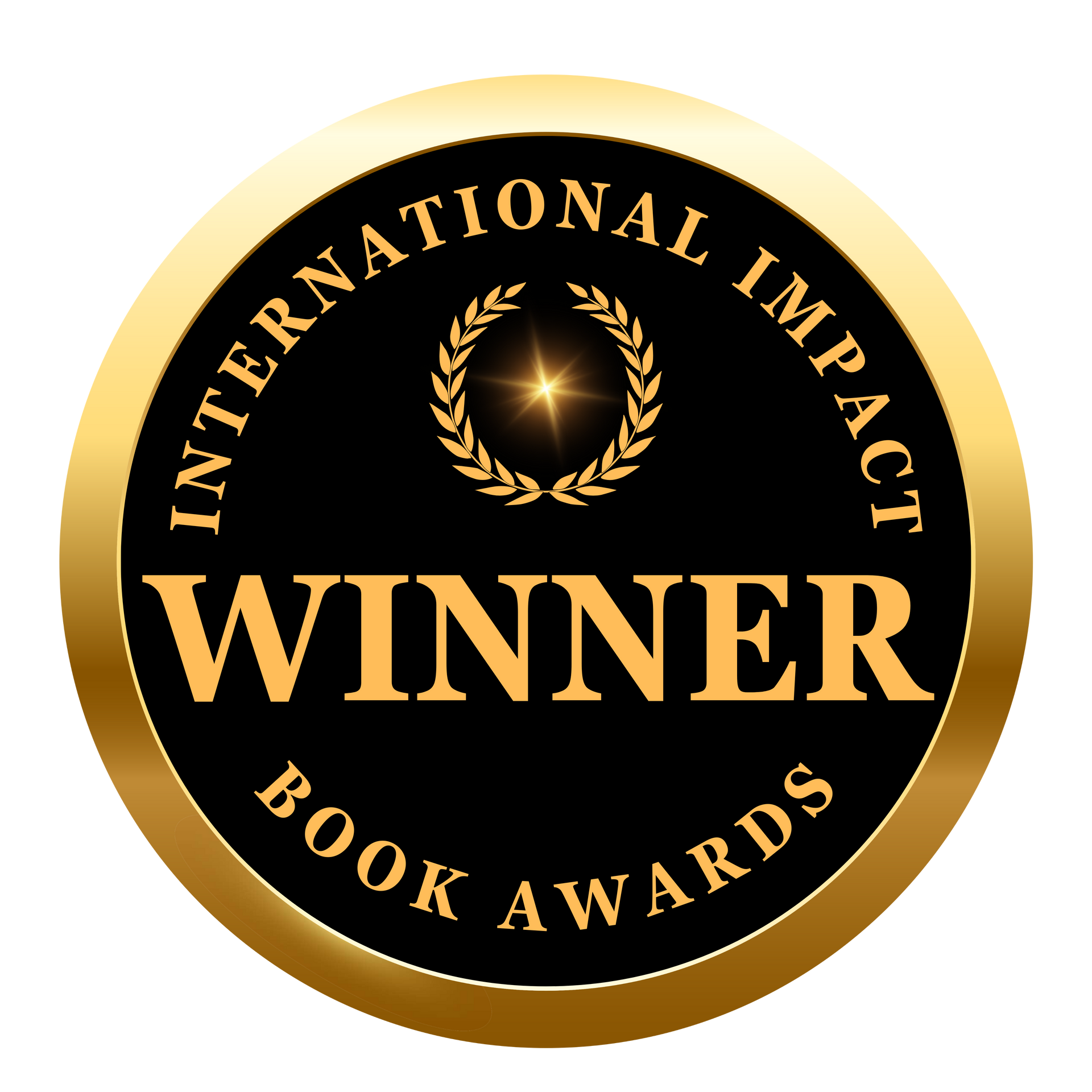 Gold-and-black circular “International Impact Book Awards Winner” medal logo with laurel wreath.