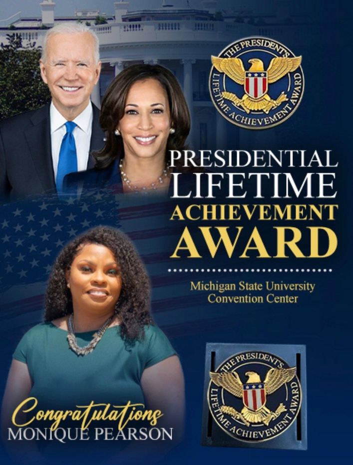 Presidential Lifetime Achievement Award poster honoring Monique Peterson with Biden, Harris, and seals