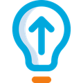 Blue lightbulb icon with an upward arrow inside and a small orange base