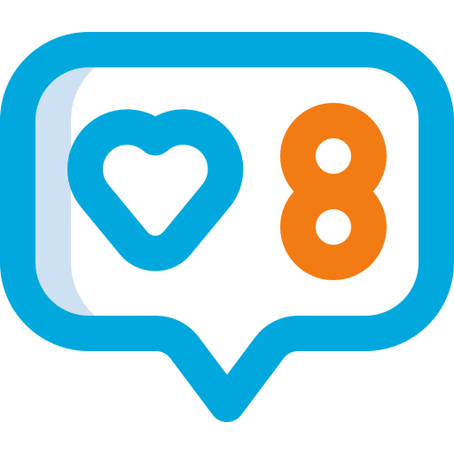 Blue chat bubble with a heart icon and orange number 8 inside