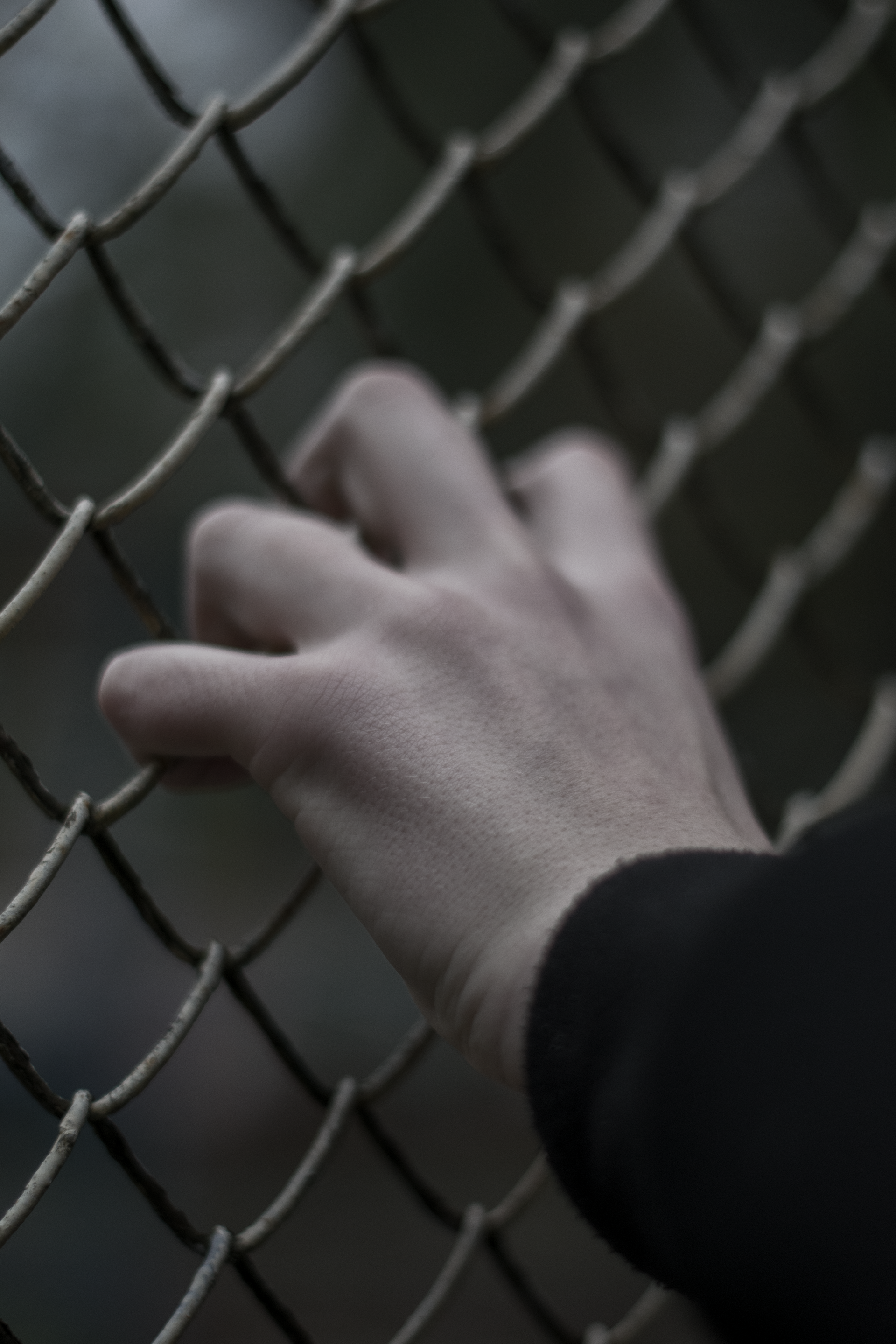 Hand gripping a chain-link fence in dim light