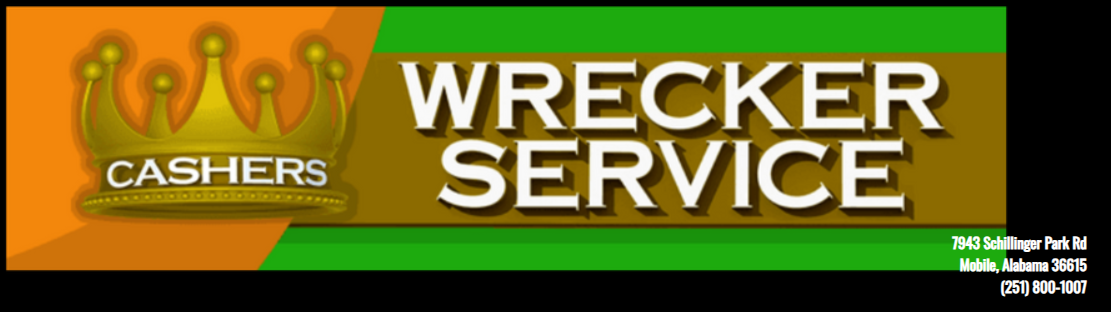 Orange and green Wrecker Service banner with crown icon and bold white text