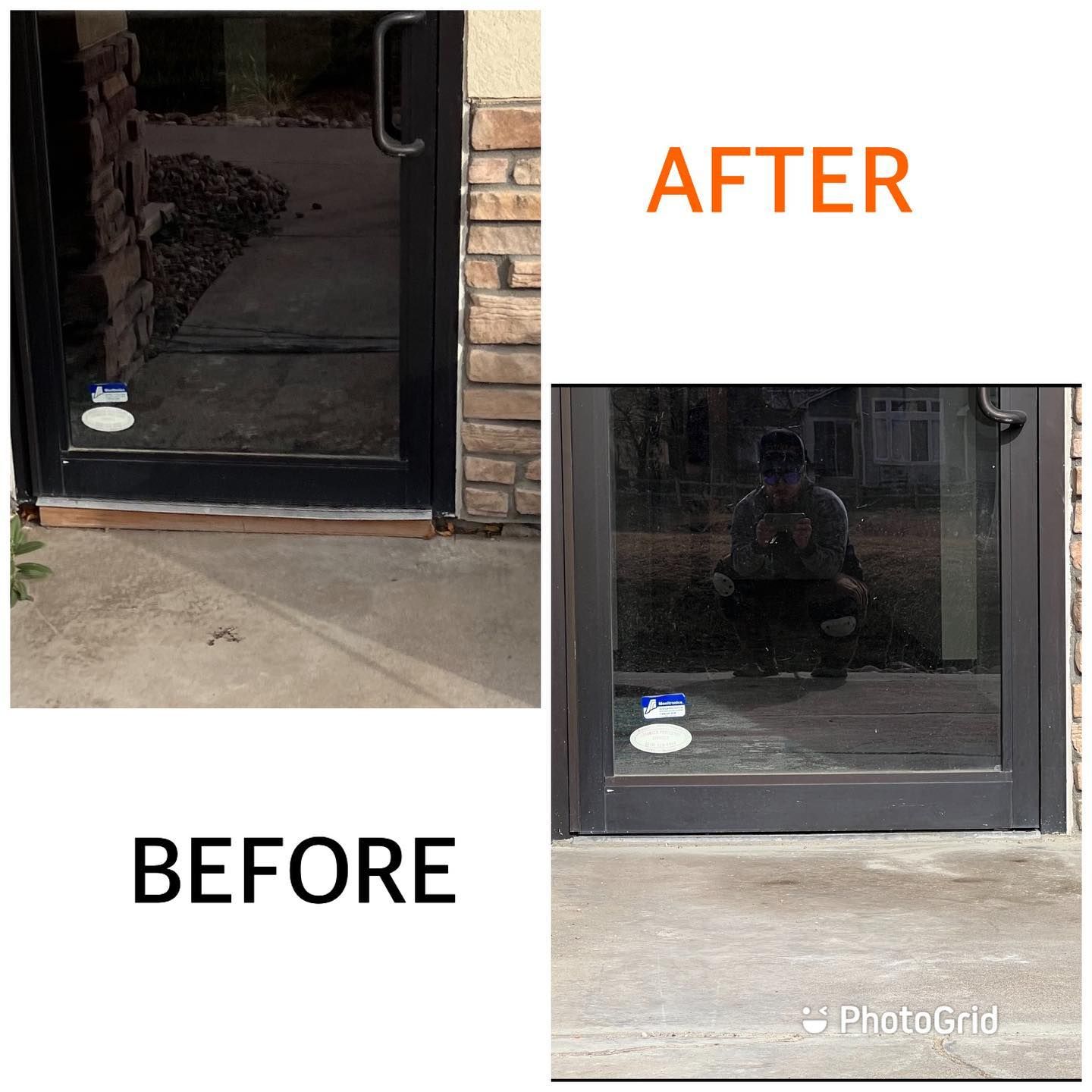 Before/after of a glass door. Before picture has a slight tint to the glass. The after is a door with heavily tinted glass.