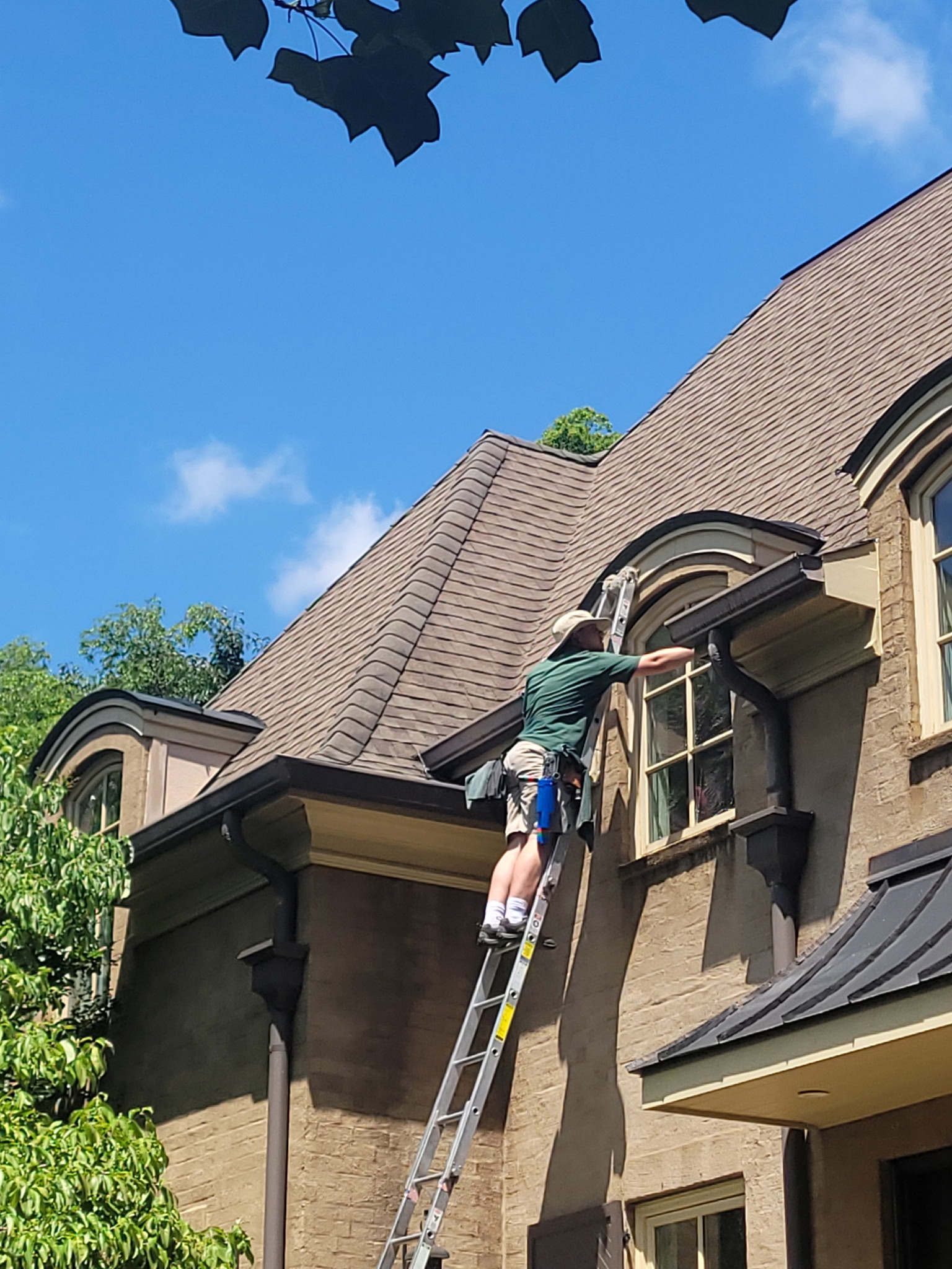 A worker is cleaning a window.