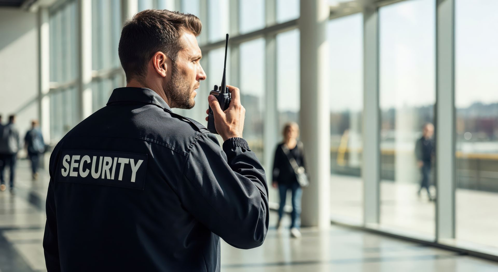 Uniformed security guard speaking on a radio, representing personal security guard services