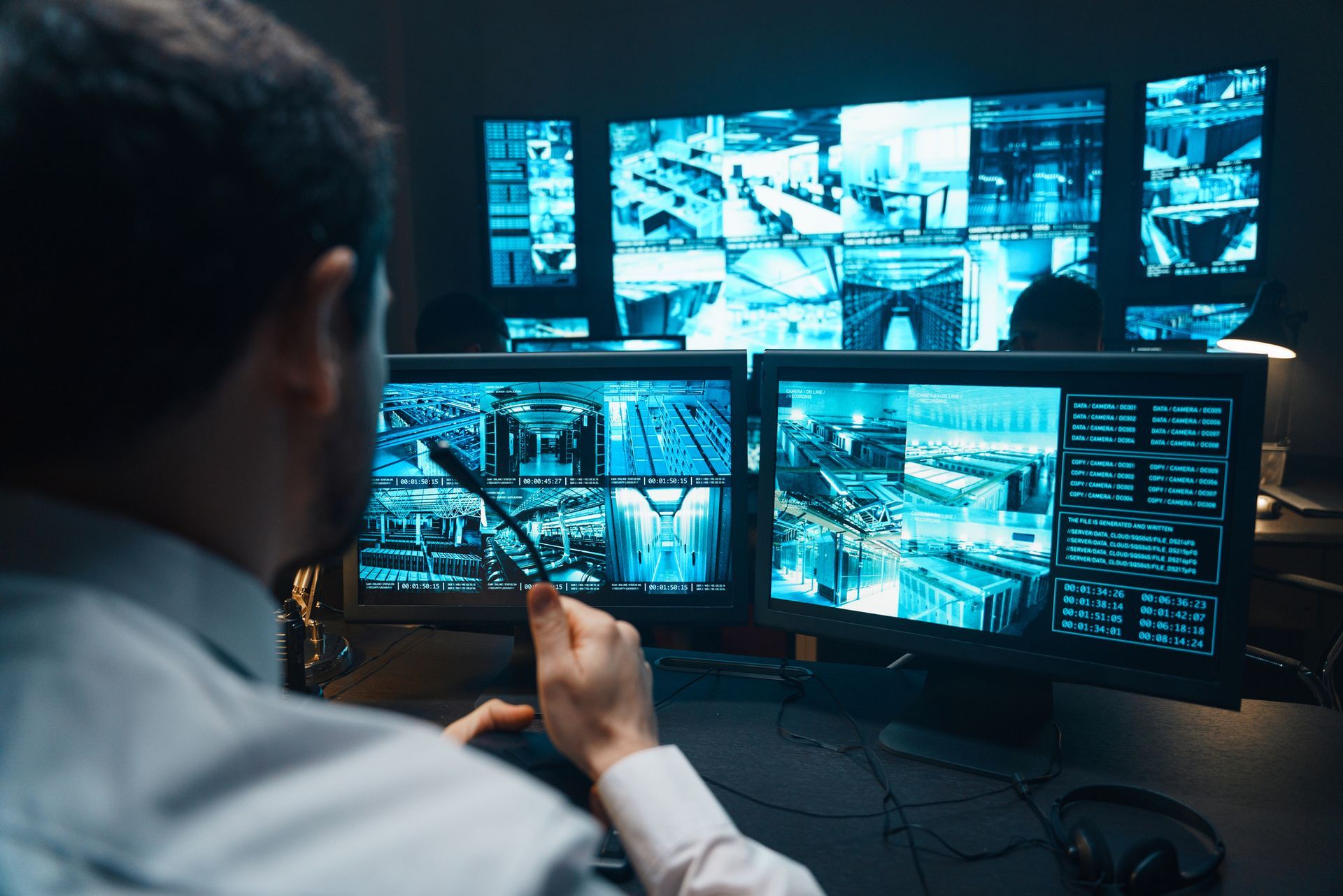 Man monitoring multiple security camera feeds in a control room. Blue-toned monitors display various views.
