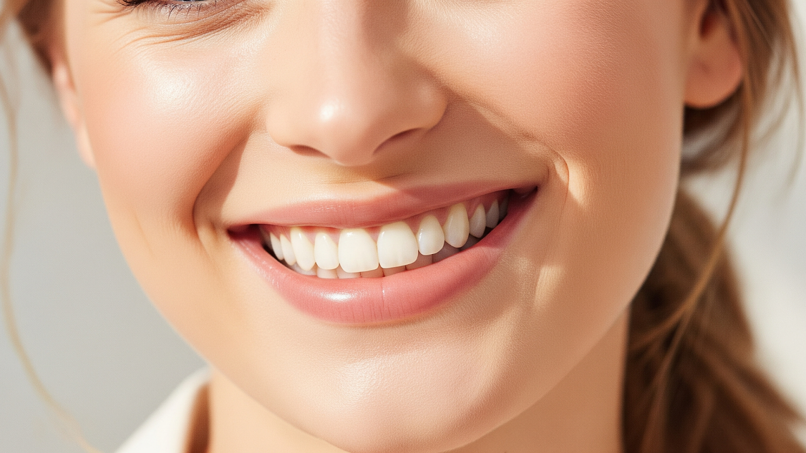 Close-up of a smiling person's face; showing teeth, light skin, and radiant shine.