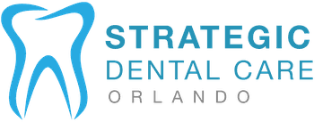 The logo for strategic dental care orlando is a blue tooth.