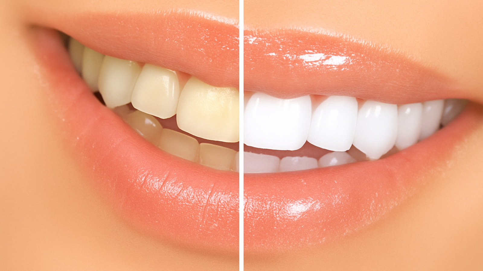 Side-by-side comparison of teeth; yellowed on the left, bright white on the right, in a smiling mouth.