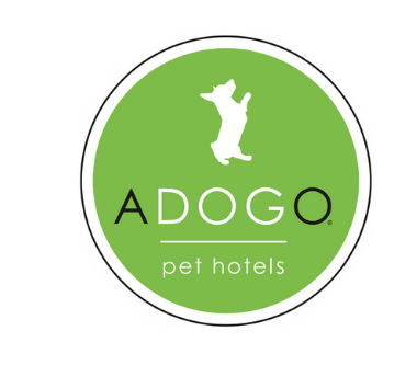 The logo for adogo pet hotel is a green circle with a white dog on it.