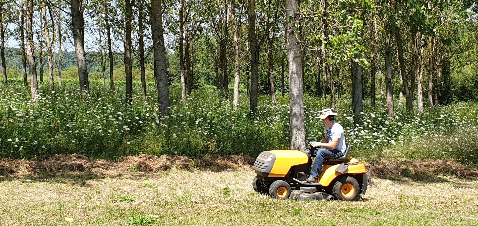 Un homme conduit une tondeuse à gazon jaune dans un champ.