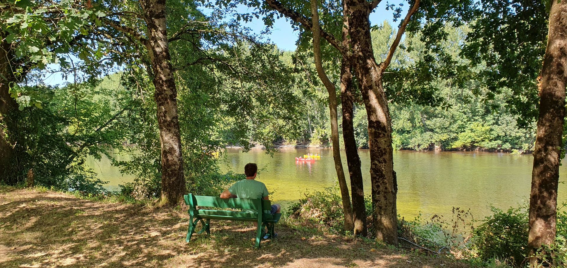 Un homme est assis sur un banc dans les bois près d'une riviere