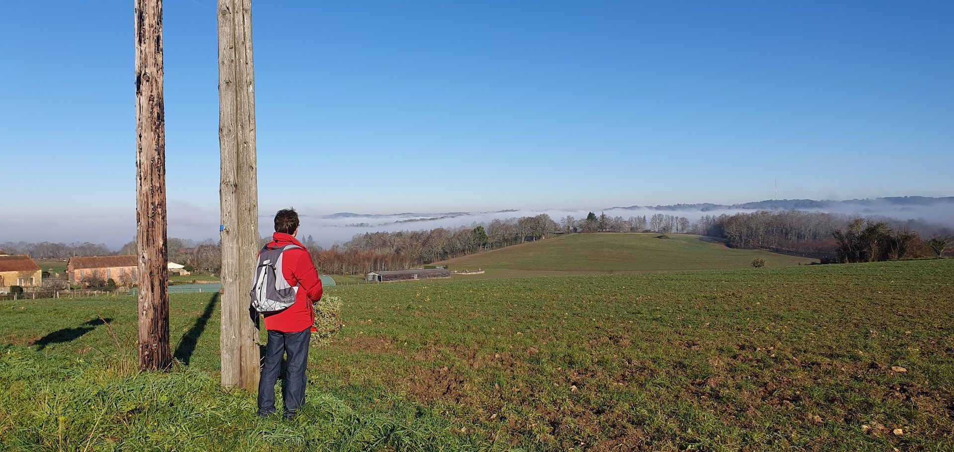 A man in a red jacket leans against a pole in a field