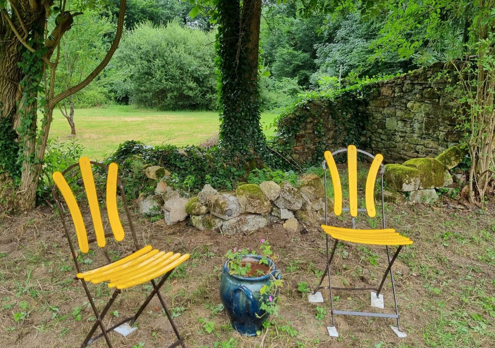 Twee gele metalen stoelen en een blauwe pot staan ​​in een groene tuin met een stenen muur op de achtergrond.