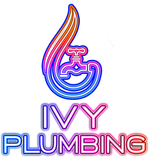 Ivy Plumbing Logo: stylized water drop and faucet in blue, purple, and orange, text