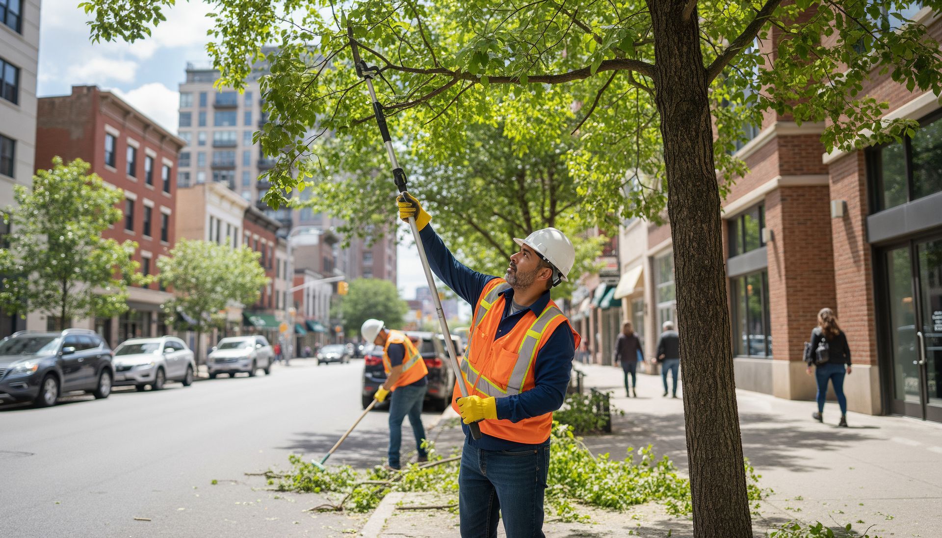 A professional tree care team is pruning sidewalk trees with a pole saw in a busy urban area. A professional tree care team is pruning sidewalk trees with a pole saw in a busy urban area.