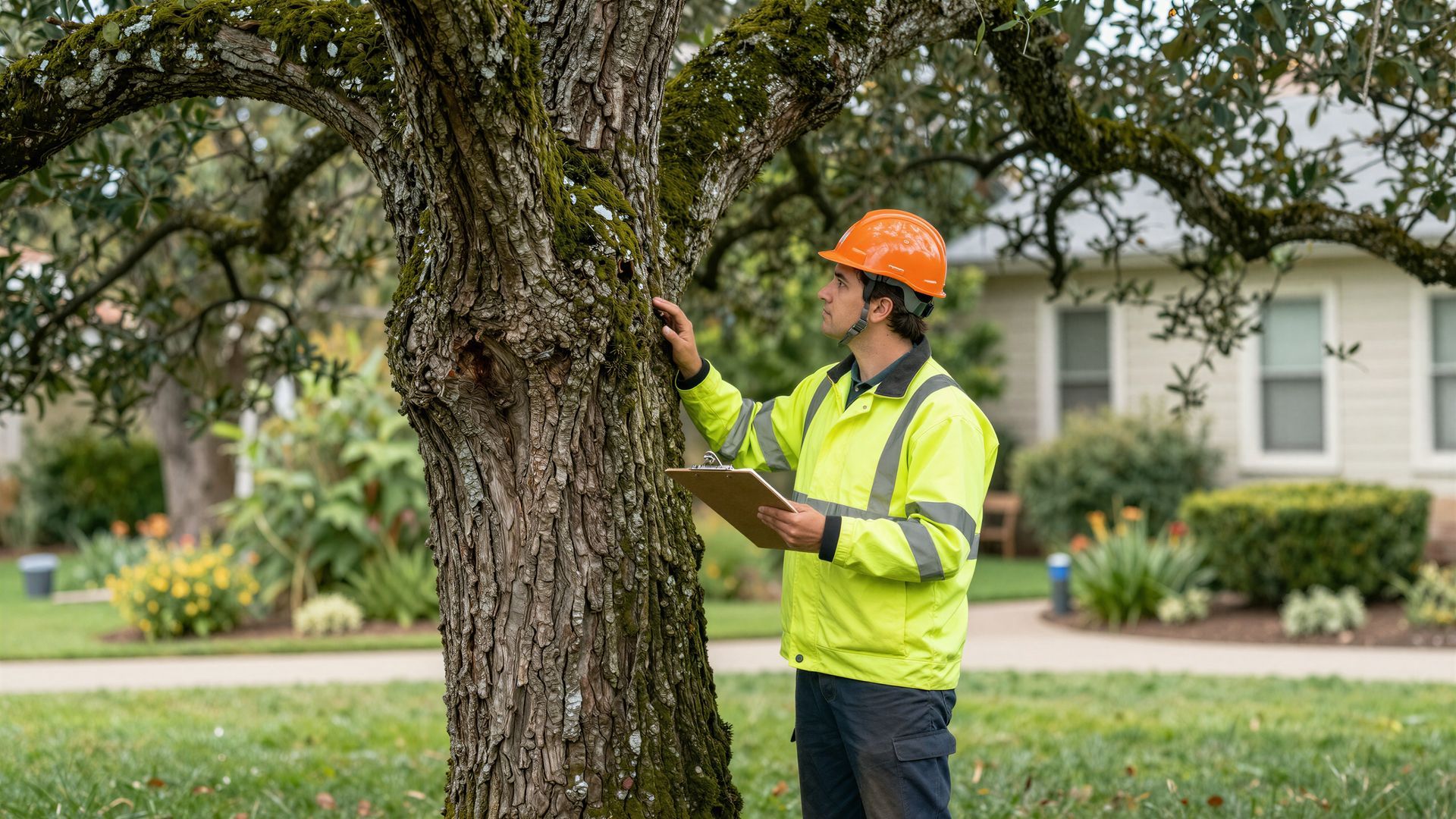 An arborist in high-visibility gear and a hard hat examines the bark of a tree trunk.