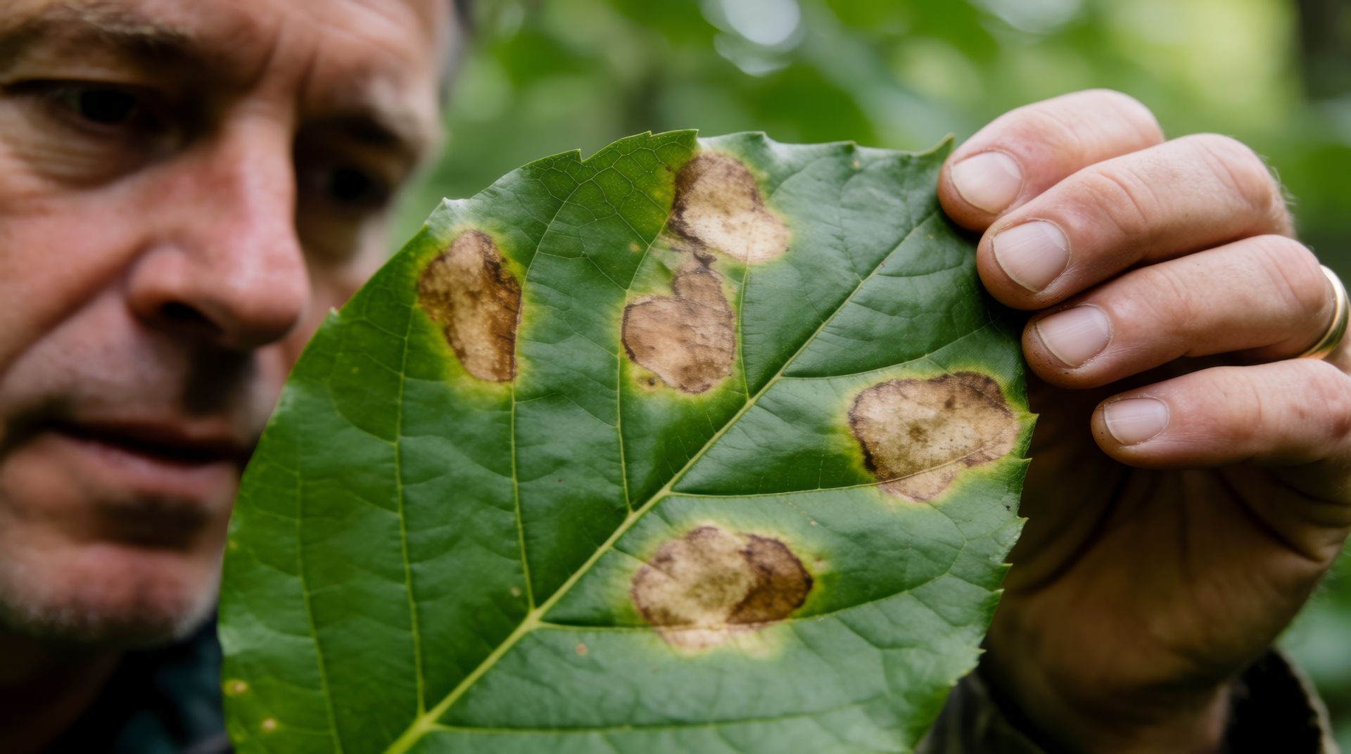 Man examining a leaf with brown spots, indicating disease or pest damage.