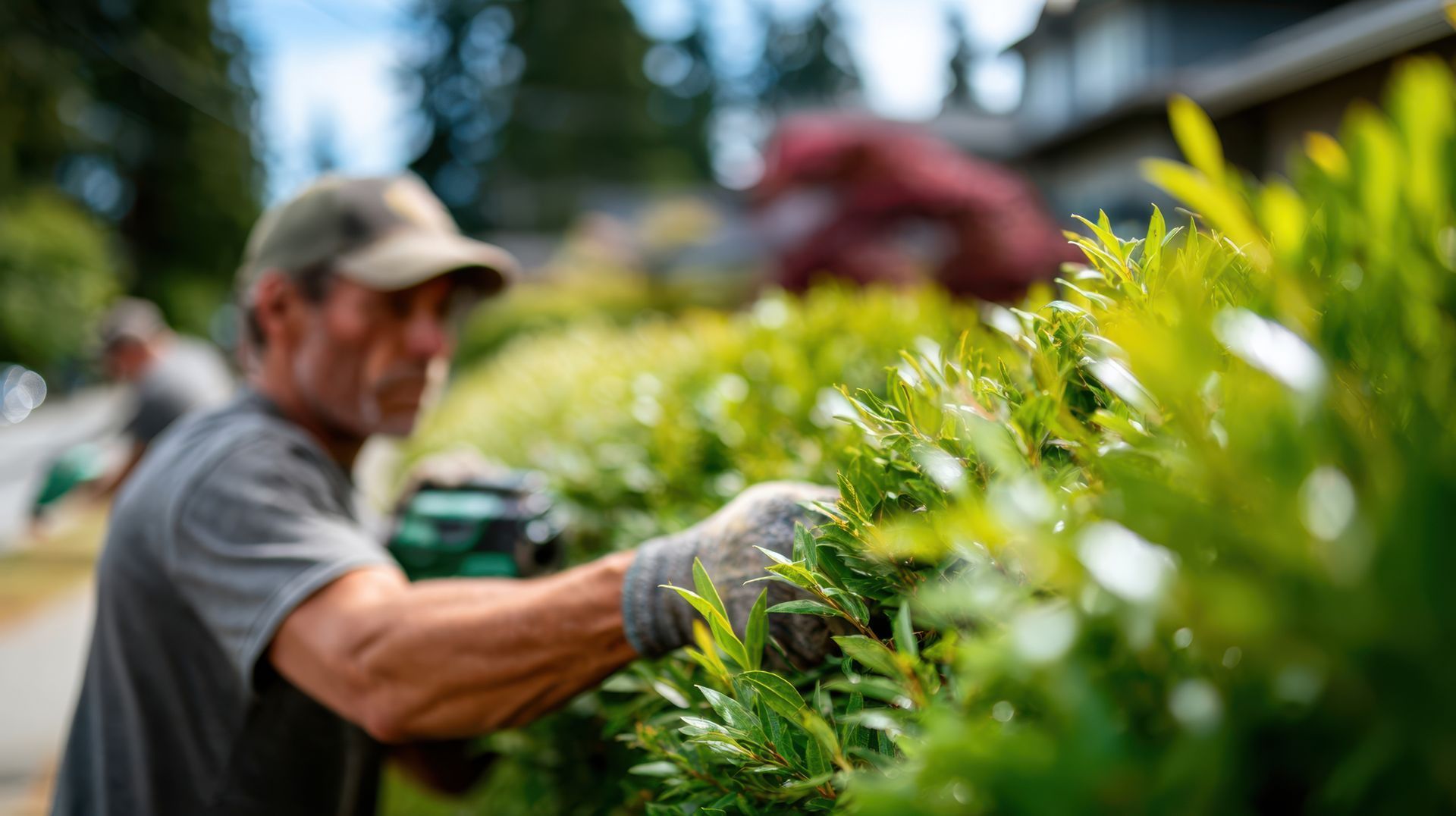 A gardener is trimming a tall hedge with electric shears. A gardener is trimming a tall hedge with electric shears.