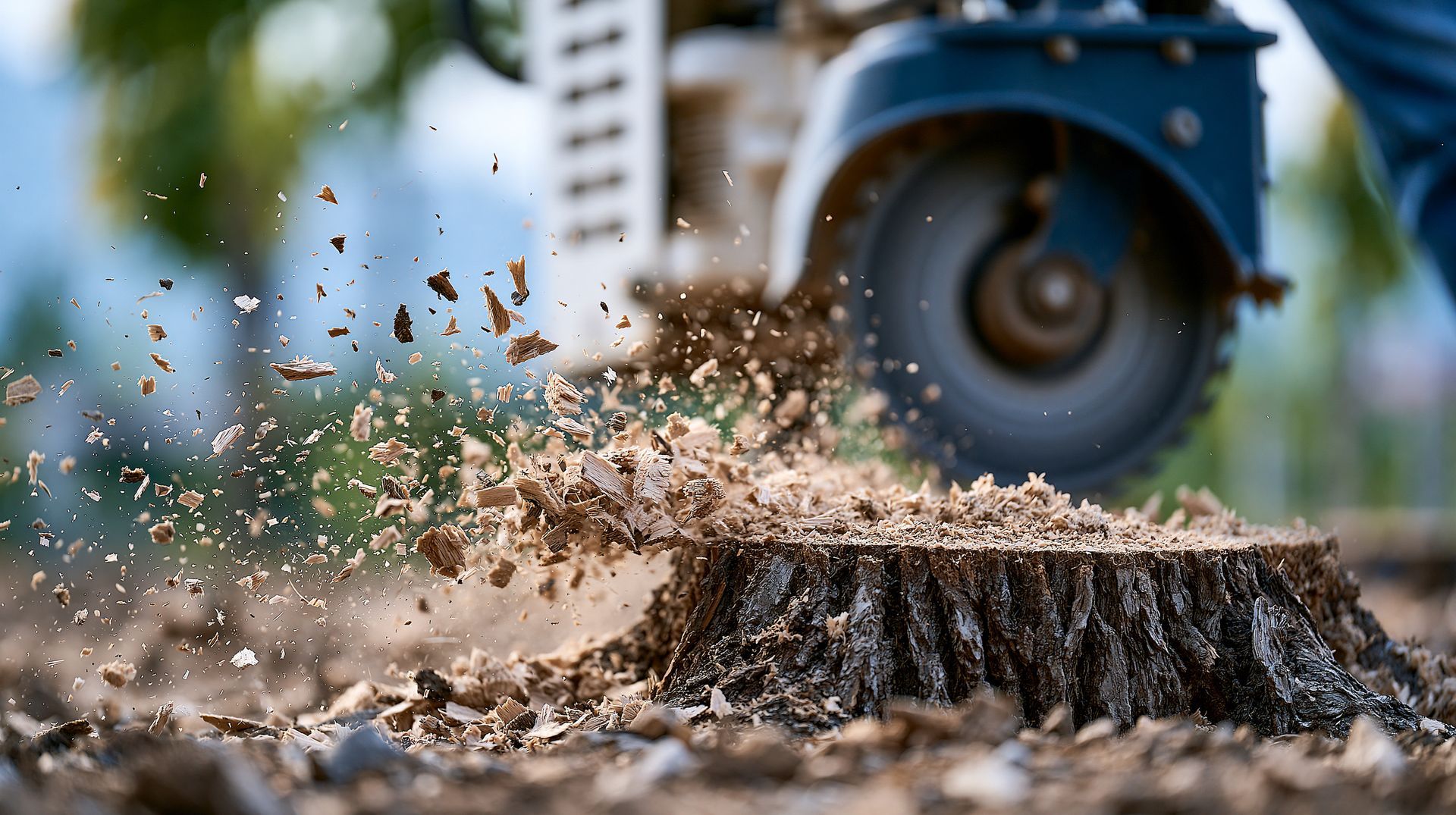 Close-up of a stump grinder machine removing a tree stump with wood chips flying in the air.
