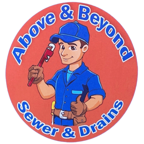 Logo for Above & Beyond Sewer & Drains with a cartoon plumber on a red circle background