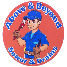 Logo for Above & Beyond Sewer & Drains with a cartoon plumber on a red circle background