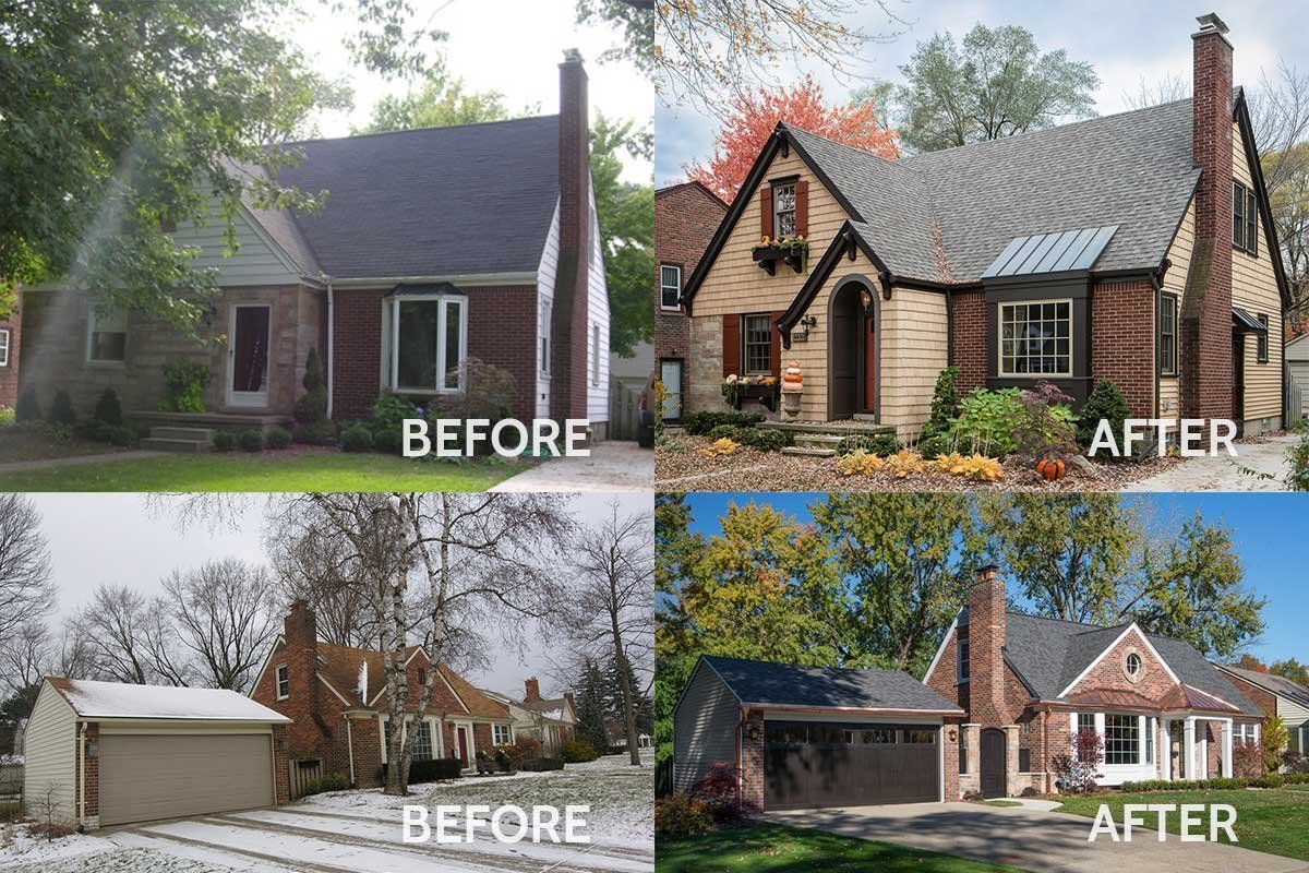 Before-and-after photos of a house renovation, showing exterior updates on two homes.