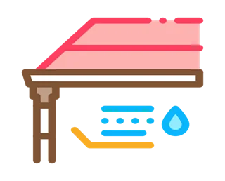 Leaking roof with water droplets and gutter drainage icon