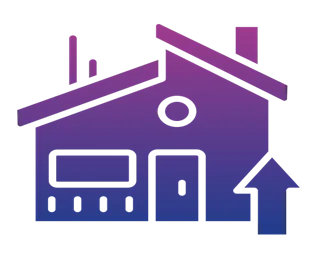 Purple house icon with an upward arrow, suggesting home or real estate movement and growth