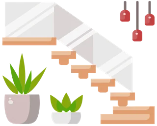 Modern interior with potted plants, floating stairs, and hanging red pendant lights