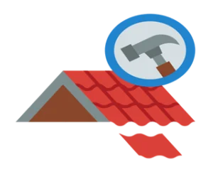 Damaged red roof with missing shingles and a hammer icon indicating roof repair