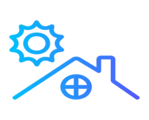 Blue outline icon of a house with a sun and circular window