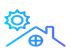 Blue outline icon of a house with a sun and circular window