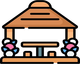 Cartoon gazebo with orange roof and pink flowers on the sides, with benches inside