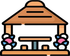 Cartoon gazebo with orange roof and pink flowers on the sides, with benches inside