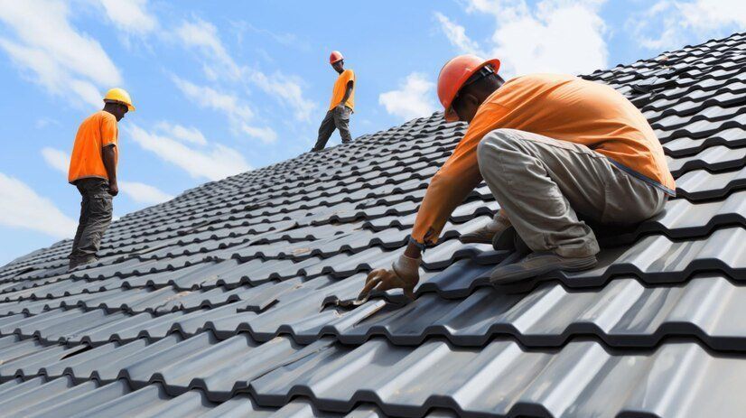 Roofers in orange safety gear installing gray roof tiles on a steep roof