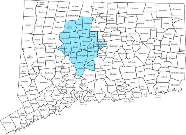 A map of the state of connecticut with a blue area highlighted